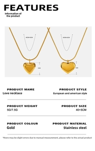 Macro detail of gold stainless steel heart pendant showing size 1cm and 40 plus 5cm chain