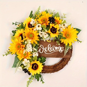 Ghirlanda di girasoli artificiali con foglie verdi e targa Welcome su base di rattan