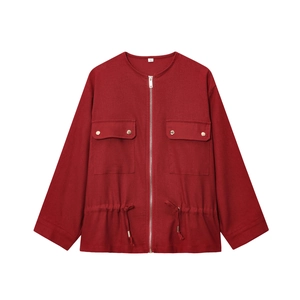 Red linen-blend safari jacket with drawstring waist and zip closure on white background