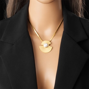 Elegant gold fan pendant necklace with a white pearl on a sleek snake chain for women