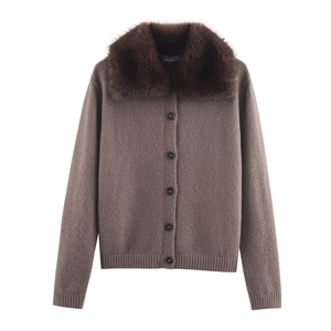 Cardigan En Tricot Pour Femmes Col En Fausse Fourrure Manches Longues Boutonné Élégant Couleur Unie Manteau