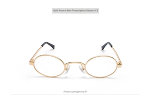 Front view of small oval gold metal sunglasses frame with clear lenses for a retro look