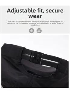 Detail of adjustable back strap with reflective webbing and plastic buckle on sun hat