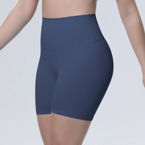 Vue latérale du short de yoga bleu foncé taille haute avec effet galbant sans coutures