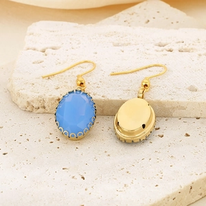 Elegant gold-plated oval blue faceted glass drop earrings shown from front and back view