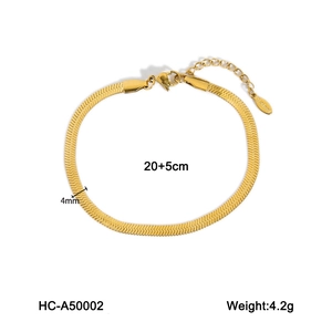 Detail view of 4mm gold 18k plated stainless steel herringbone snake chain anklet with sizing