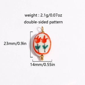 18K gold plated ceramic oval pendant with red floral patterns and size specifications