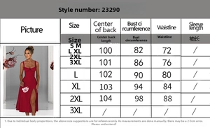 Detailed size chart for women's slim fit dress with bust and waist measurements