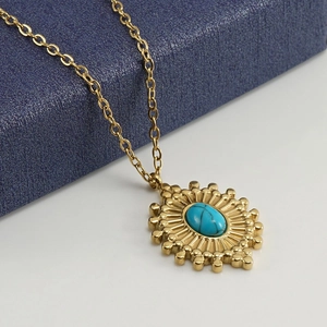 Vintage 18K gold plated stainless steel necklace with sunburst turquoise pendant