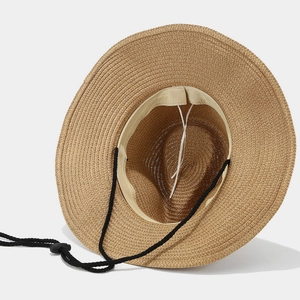 Breathable retro Panama straw hat with black adjustable strap for summer travel