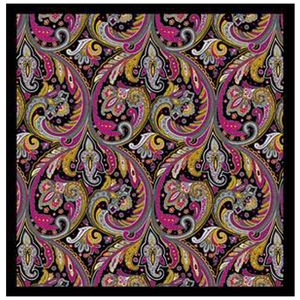 Detailed view of colorful bohemian paisley silk scarf with vibrant floral patterns
