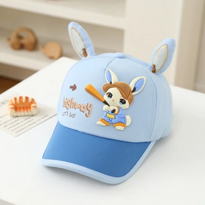 Light blue children's baseball cap with cute cartoon rabbit design for ages 3-6