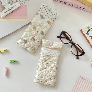 Quilted cotton padded eyewear pouch with cute elephant print and lace heart detail