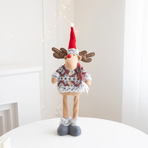 Detail of Christmas reindeer plush doll with telescopic legs and festive knit sweater
