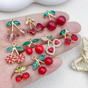 DIY cherry pendants in red and pink enamel with rhinestones for jewelry making