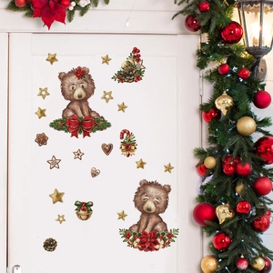 Stickers muraux de Noël ours avec étoiles sur porte blanche et couronne festive