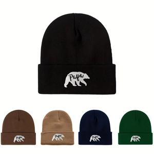 Papa Polar Bear Embroidered Cuffed Beanie Hat Warm Winter Ribbed Knitted Acrylic Skull Cap For Men Outdoor Casual Daily Wear