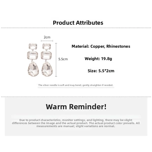 Detailed view of rhinestone drop earrings with dimensions 5.5x2cm and silver needle