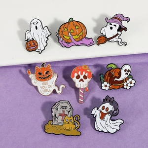 Detail of 8 Halloween enamel pins featuring ghosts, pumpkins, and spooky cat motifs