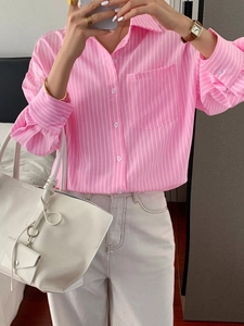 Pink and white striped long sleeve shirt with pocket and collar for summer resort style