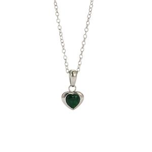 Elegant silver necklace set with heart-shaped emerald green zircon pendant on white background