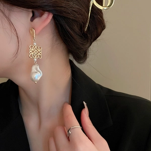 Elegant gold earrings with Chinese knot design and baroque pearl drop for women