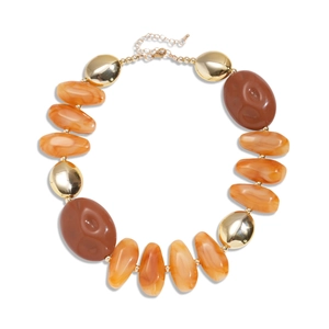 Vintage acrylic geometric chunky necklace with brown beads and golden metal accents