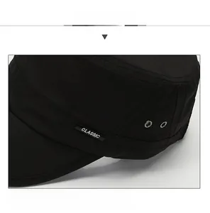 Détail des œillets métalliques et du badge classique sur casquette plate noire