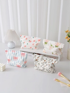 Borsa Da Trucco In Tela Di Cotone Con Punti Svizzeri Stampa Floreale Fiocco Righe Pochette Cosmetica Portatile Organizzatore Da Viaggio