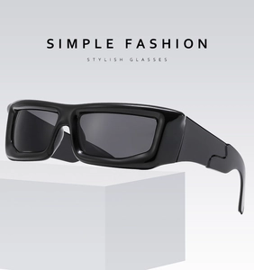Detailed view of black thick-frame square sunglasses on a white minimalist pedestal