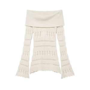 Off Shoulder Sweater Hollow Out Pointelle Knit Flare Sleeve Scalloped Hem Cream Acrylic Polyester For Women