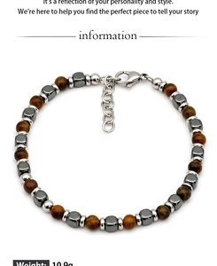 Detail view of tiger eye bead bracelet with hematite spacers and lobster clasp weight 10.9g