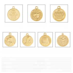 Detailed grid showing golden stainless steel religious pendants with embossed icons