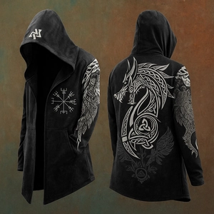 Detailed front and back view of black Viking hoodie with white Vegvísir and rune prints