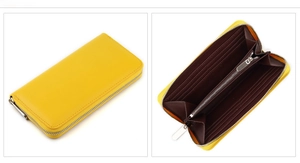 Internal structure of yellow genuine leather wallet with card slots and coin pocket