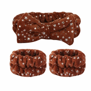 Brown coral fleece headband and wristband set with silver star patterns for spa use