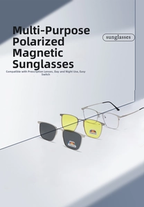 Macro shot of magnetic clip-on system with dark polarized and yellow night vision lenses