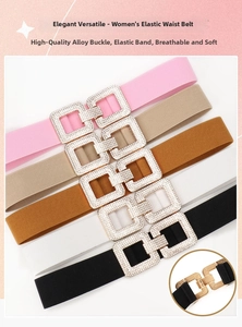 Detail of multi-color elastic belts with sparkling rhinestone buckle and secure closure