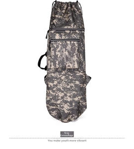 Detailed view of gray camo waterproof skateboard bag with durable zippers and handles