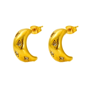Golden moon-shaped stainless steel earrings with sparkling star-set cubic zirconia