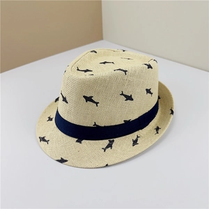 Beige straw fedora with shark pattern and navy ribbon for summer sun protection