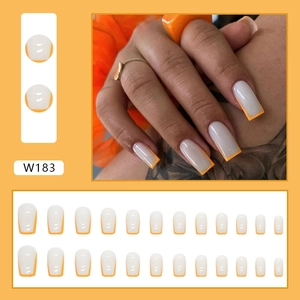 French style long square press-on nails with milk white base and bright orange tips
