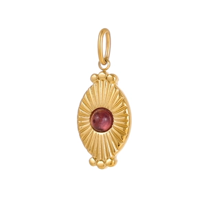 Detailed macro view of a gold oval pendant featuring a sunburst texture and pink gemstone
