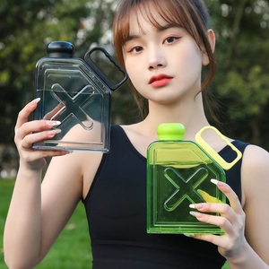 Large square plastic fitness water bottle in transparent black and green options