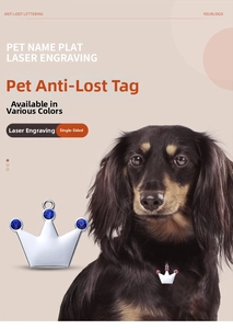 Macro detail of crown shaped pet ID tag with blue gems on a long-haired dog collar