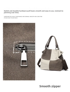 Detail of durable metal zipper and stitching on the contrast canvas tote bag