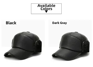 Detail view of men's winter caps with faux leather texture and thick fleece ear flaps