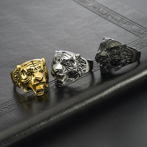 Vintage punk tiger head stainless steel rings for men in gold, silver and black