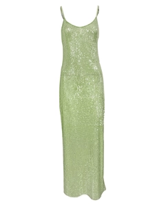 Close-up of the light green sequined fabric and delicate straps of the formal maxi dress