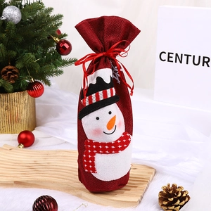 Christmas wine bottle gift bag with cute snowman embroidery and red drawstring closure